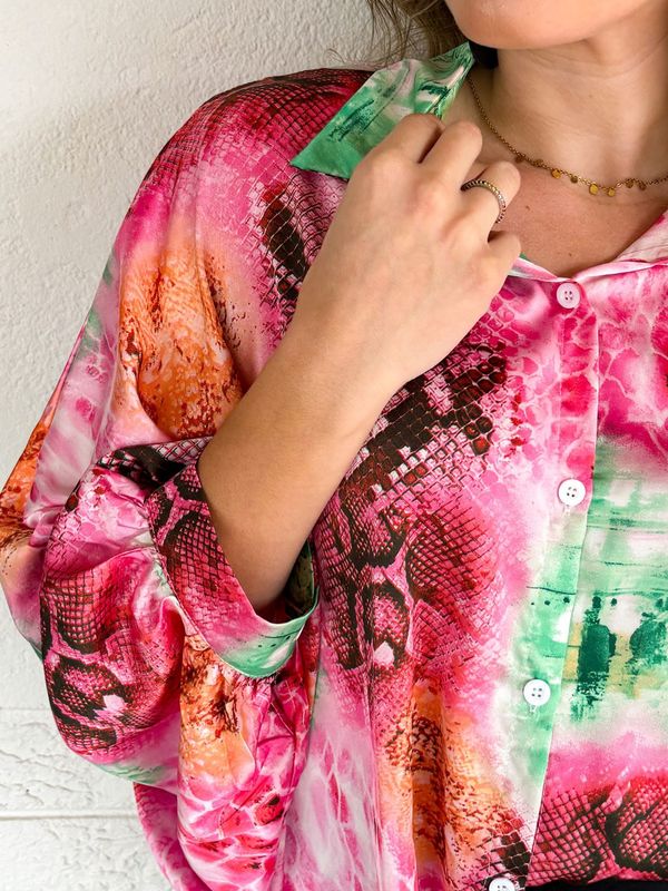 Batwing Snakeskin Pattern Silk Blouse (Pink with Green)