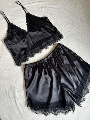 Pajamas Satin Set Cami with Shorts (Black)