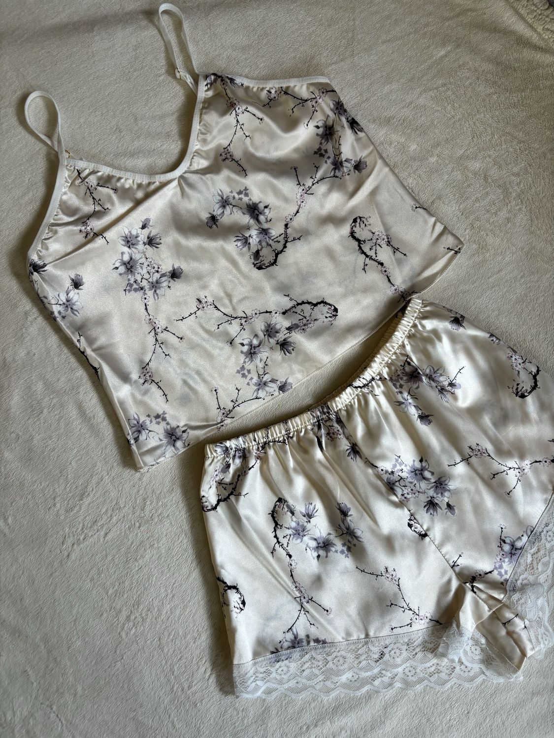 Pajamas Satin Set Cami with Shorts (Cream with Branched Florals)