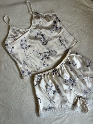 Pajamas Satin Set Cami with Shorts (Cream with Branched Florals)