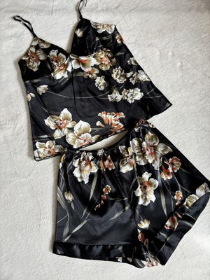 Pajamas Floral Satin Set Cami with Shorts (Black with Florals)