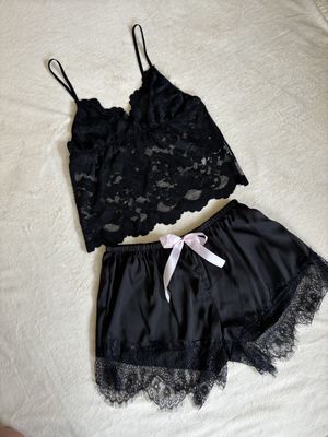 Pajamas Satin Lace Set Cami with Shorts (Black with Pink Ribbon)