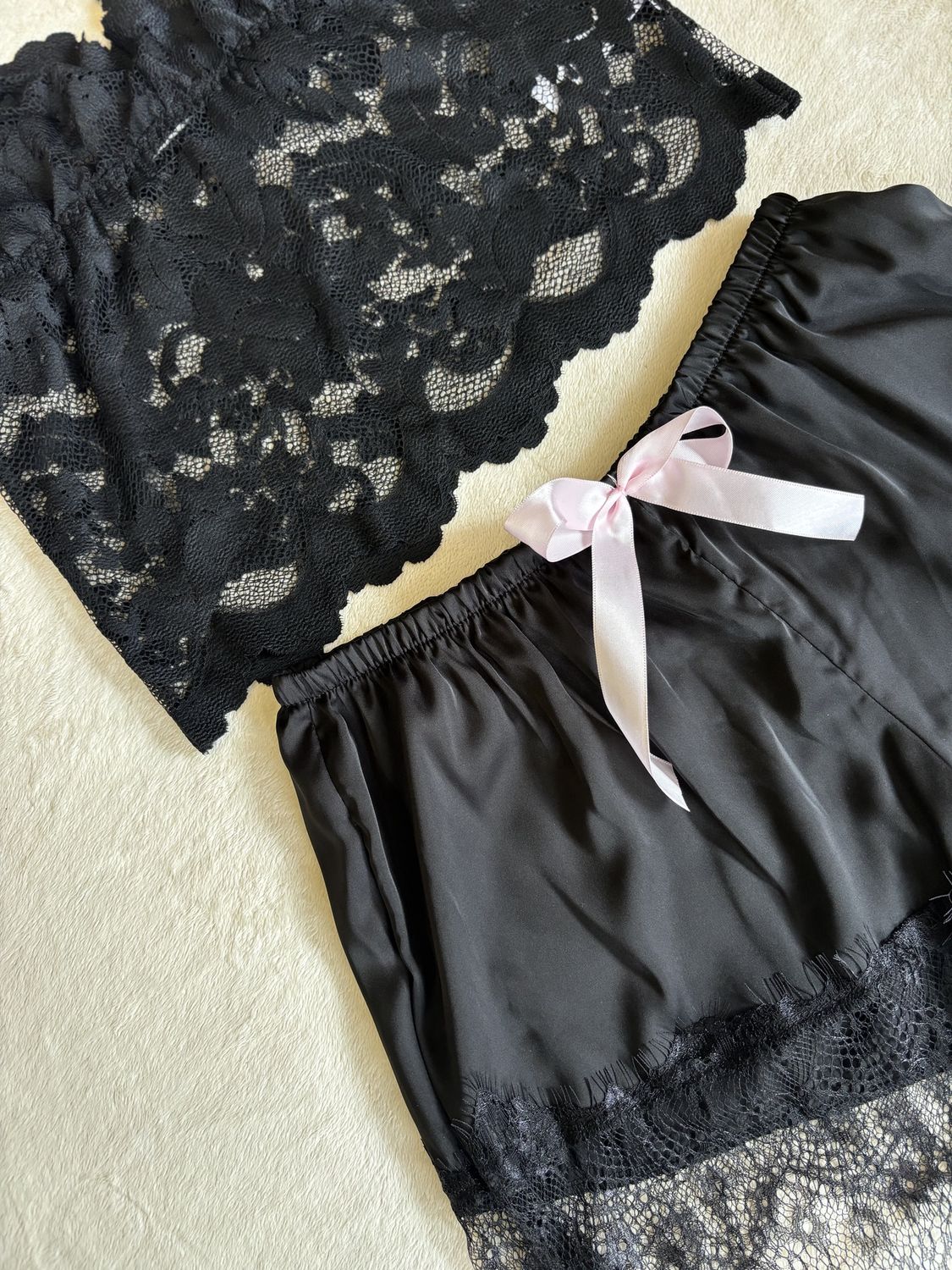 Pajamas Satin Lace Set Cami with Shorts (Black with Pink Ribbon)