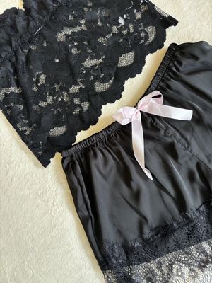 Pajamas Satin Lace Set Cami with Shorts (Black with Pink Ribbon)