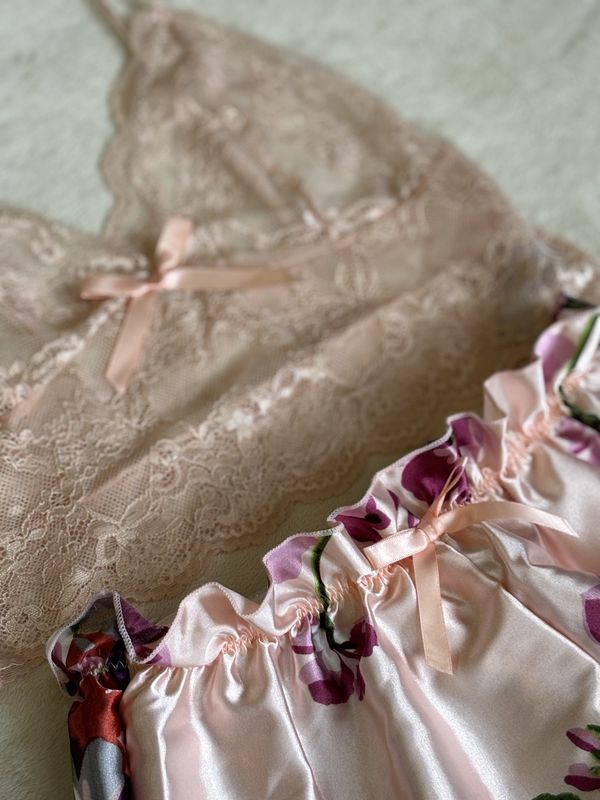 Pajamas Satin Set Lace Cami with Shorts (Light Pink with Florals)