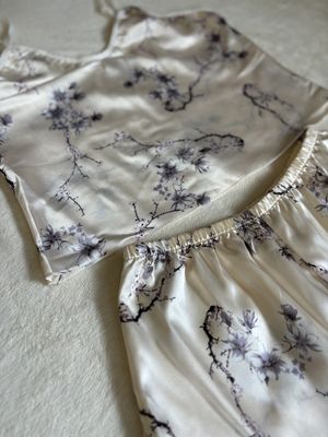 Pajamas Satin Set Cami with Shorts (Cream with Branched Florals)