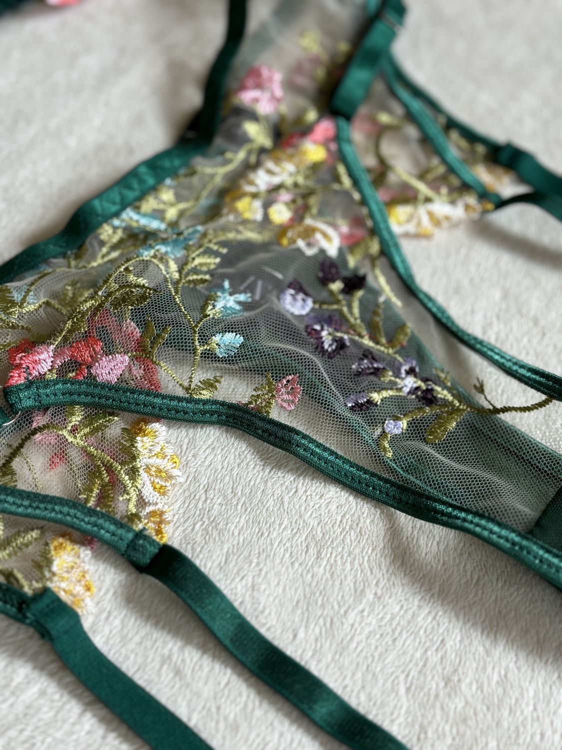 Lingerie Lace Bottom Undies 2pcs Blossom G-String with Garter (Emerald with Mix of Colours)