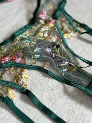 Lingerie Lace Bottom Undies 2pcs Blossom G-String with Garter (Emerald with Mix of Colours)