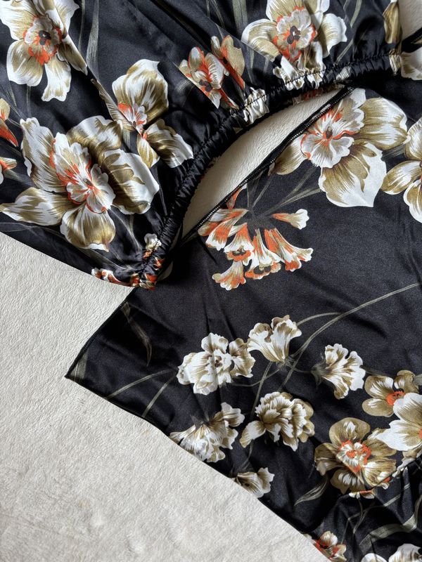 Pajamas Floral Satin Set Cami with Shorts (Black with Florals)