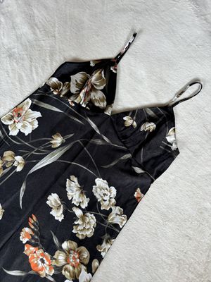 Pajamas Floral Satin Long Top or Mini Dress (Black with Florals)
