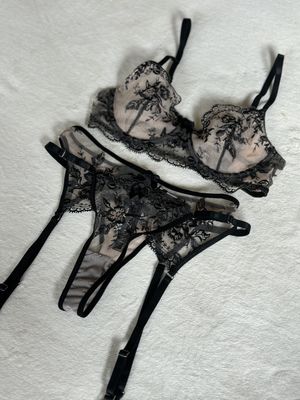 Lingerie Lace Bottom Undies 2pcs G-String with Garter (Nude with Black)
