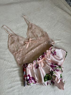 Pajamas Satin Set Lace Cami with Shorts (Light Pink with Florals)