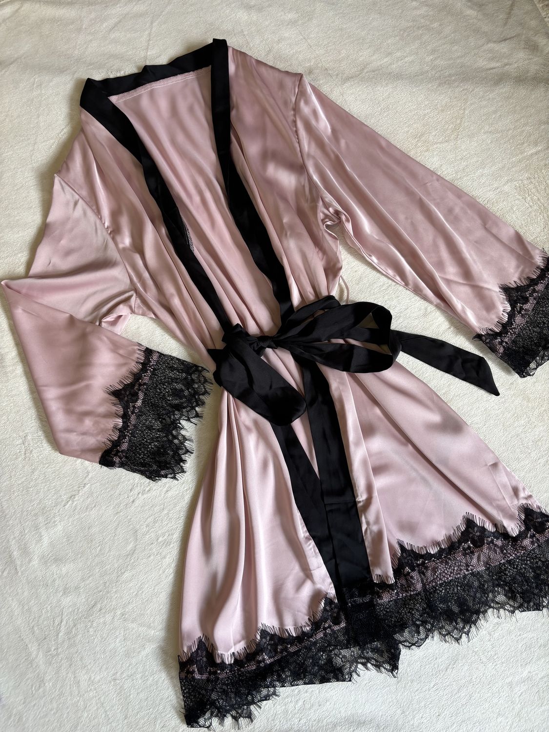 Pajamas Satin Lace Robe (Pink with Black Lace Detail)
