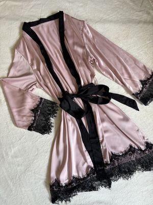 Pajamas Satin Lace Robe (Pink with Black Lace Detail)