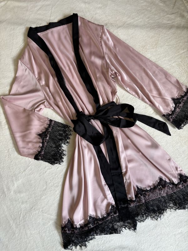 Pajamas Satin Lace Robe (Pink with Black Lace Detail)