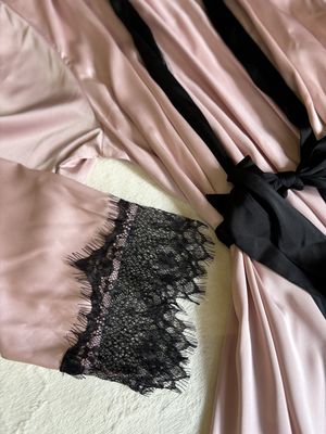 Pajamas Satin Lace Robe (Pink with Black Lace Detail)