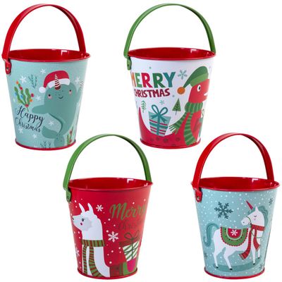 4 in. Christmas Metal Pail, Assorted Color