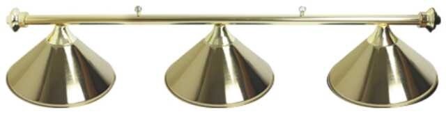 3 SHADE OVERHEAD TABLE LIGHT - BRASS RAILS WITH BRASS SHADES - 55"