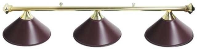 3 SHADE OVERHEAD TABLE LIGHT - BRASS RAILS WITH MAROON SHADES - 55"