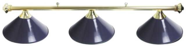 3 SHADE OVERHEAD TABLE LIGHT - BRASS RAILS WITH BLUE SHADES - 55"