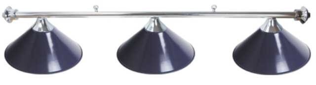 3 SHADE OVERHEAD TABLE LIGHT - CHROME RAILS WITH BLUE SHADES - 55"