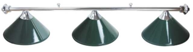 3 SHADE OVERHEAD TABLE LIGHT - CHROME RAILS WITH GREEN SHADES - 55"