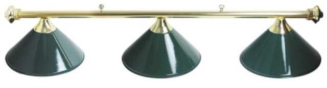 3 SHADE OVERHEAD TABLE LIGHT - BRASS RAILS WITH GREEN SHADES - 55"