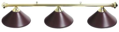 3 SHADE OVERHEAD TABLE LIGHT - BRASS RAILS WITH MAROON SHADES - 55"