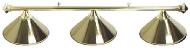 3 SHADE OVERHEAD TABLE LIGHT - BRASS RAILS WITH BRASS SHADES - 55"