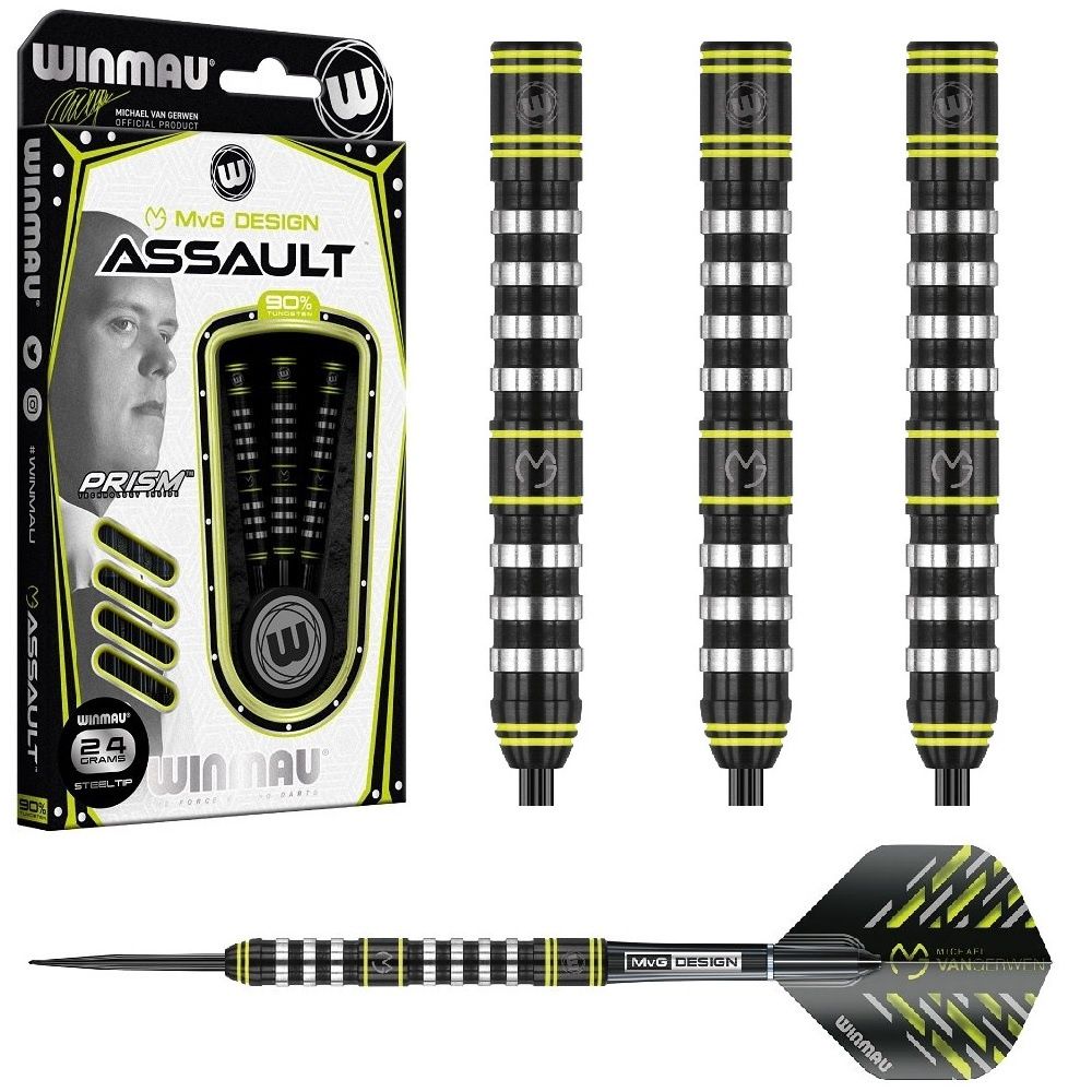 WINMAU MVG ASSAULT 90% TUNGSTEN DARTS - 22, 24 &amp; 26GM, WEIGHT: 22GM
