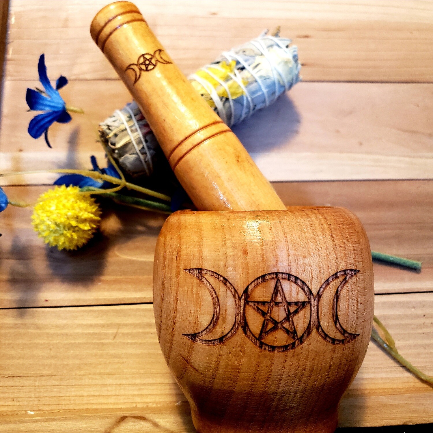 Triple Moon wooden Mortar &amp; Pestle