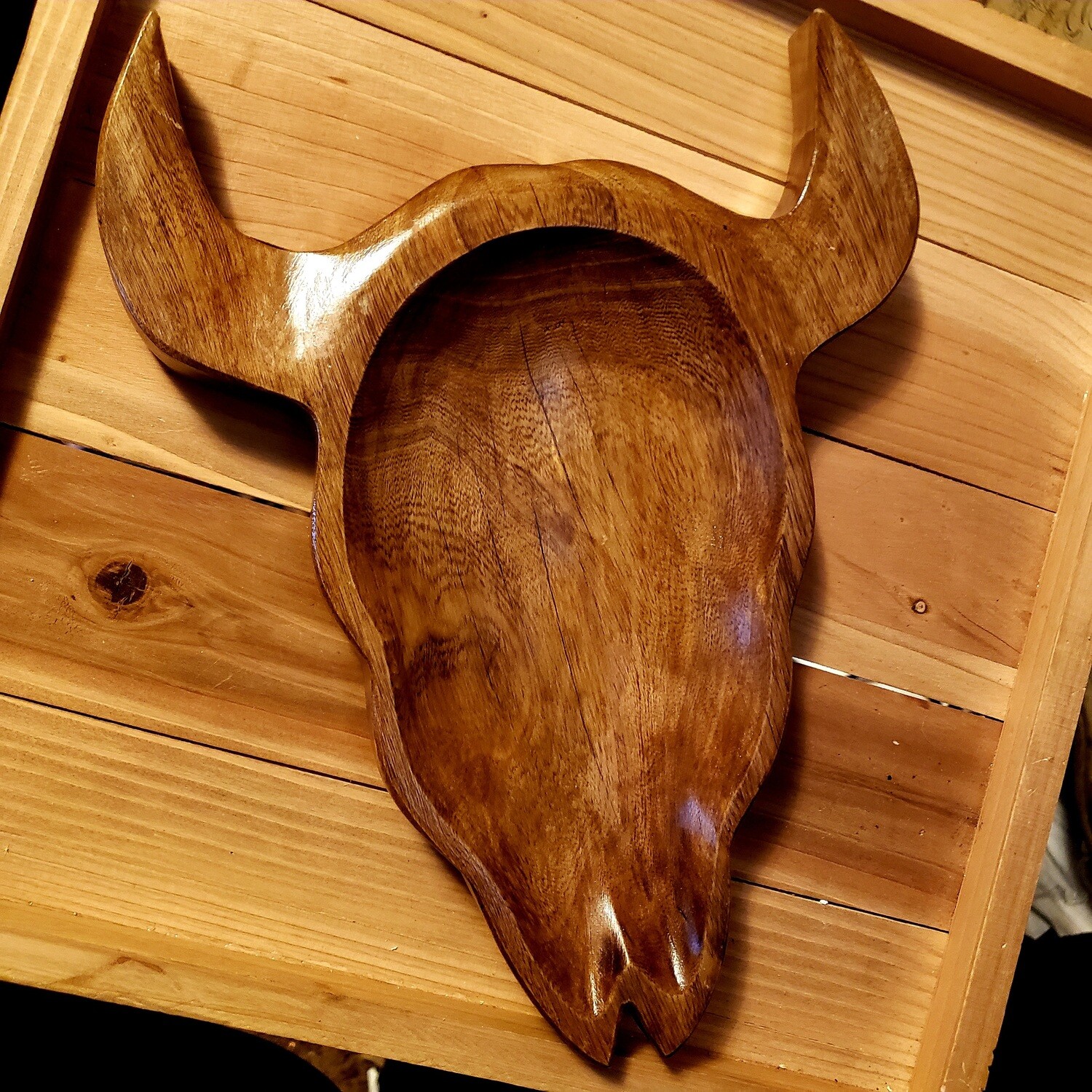 Hand Carved Long Horn Skull Shaped Dough Bowl