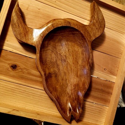 Hand Carved Long Horn Skull Shaped Dough Bowl