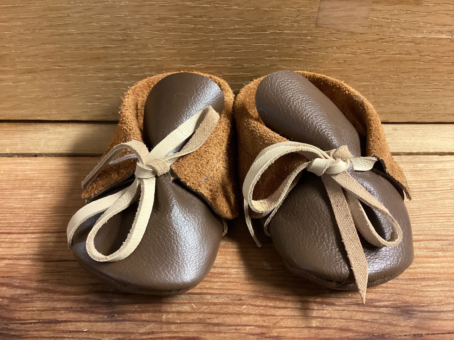 Genuine Leather NB Moccasin Booties Chocolate / Tan (w/ sherpa)