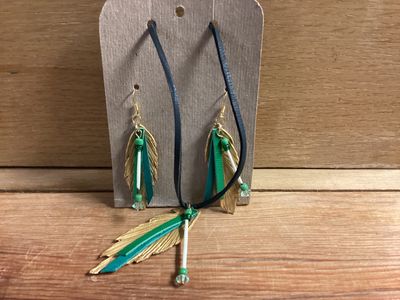 Genuine Leather Feather &amp; Porcupine Quill Necklace &amp; Earring Set Gold / Green