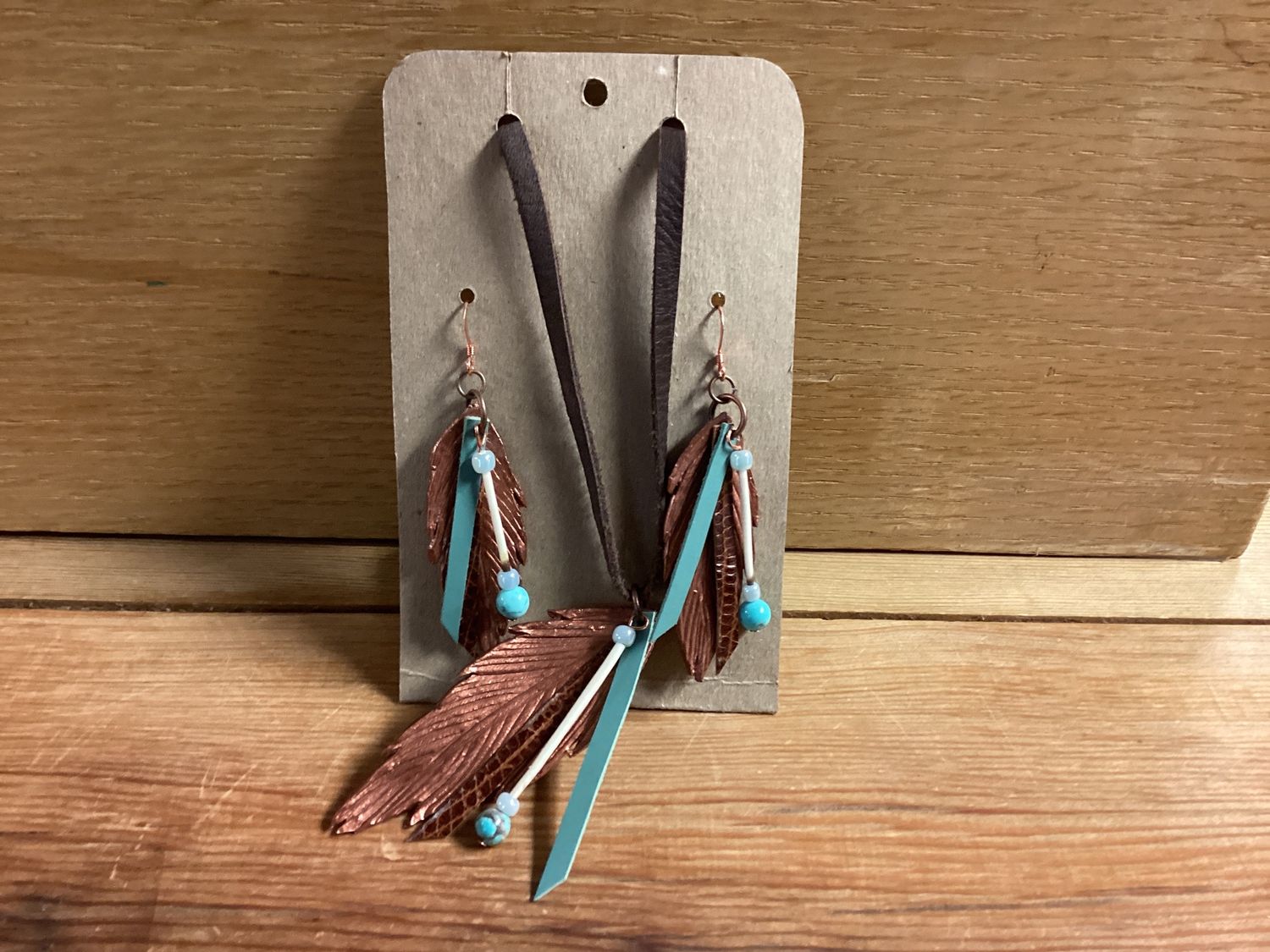 Genuine Leather Feather &amp; Porcupine Quill Necklace &amp; Earring Set Bronze / Turquoise