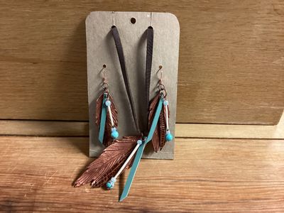 Genuine Leather Feather &amp; Porcupine Quill Necklace &amp; Earring Set Bronze / Turquoise