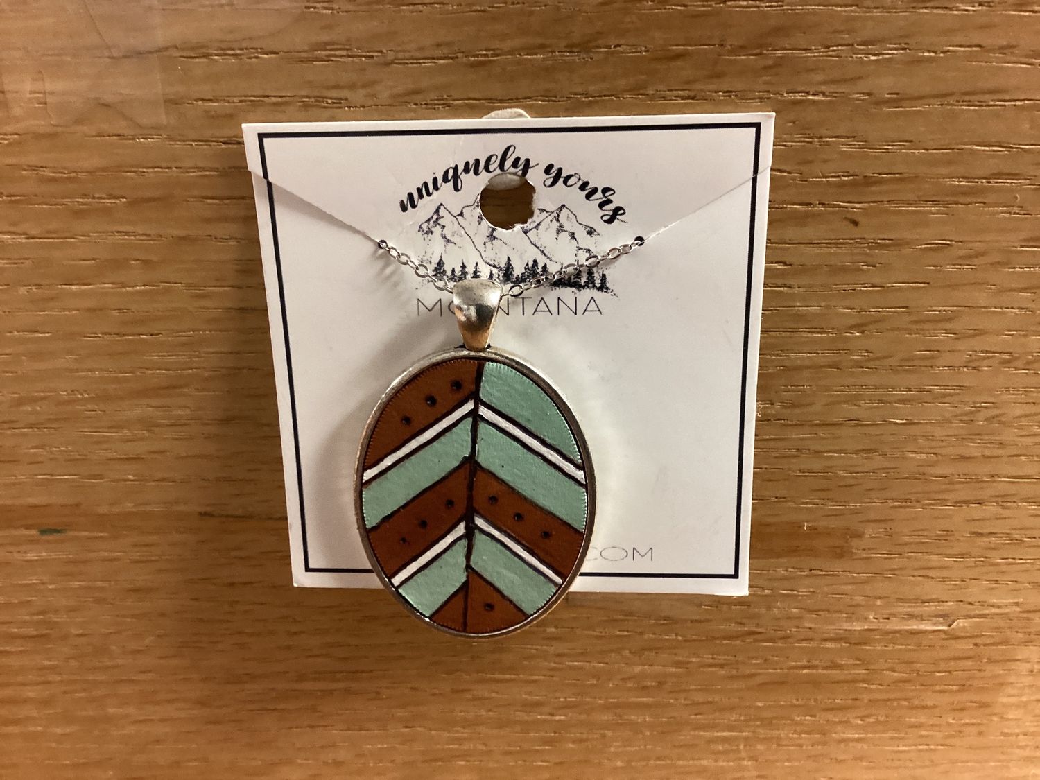 Leather Abstract Feather On Metal Medallion Necklace Silver