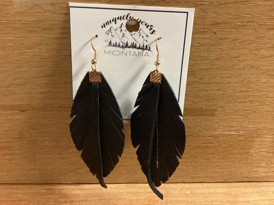 Leather Feather Dangle Earrings Black Small Single