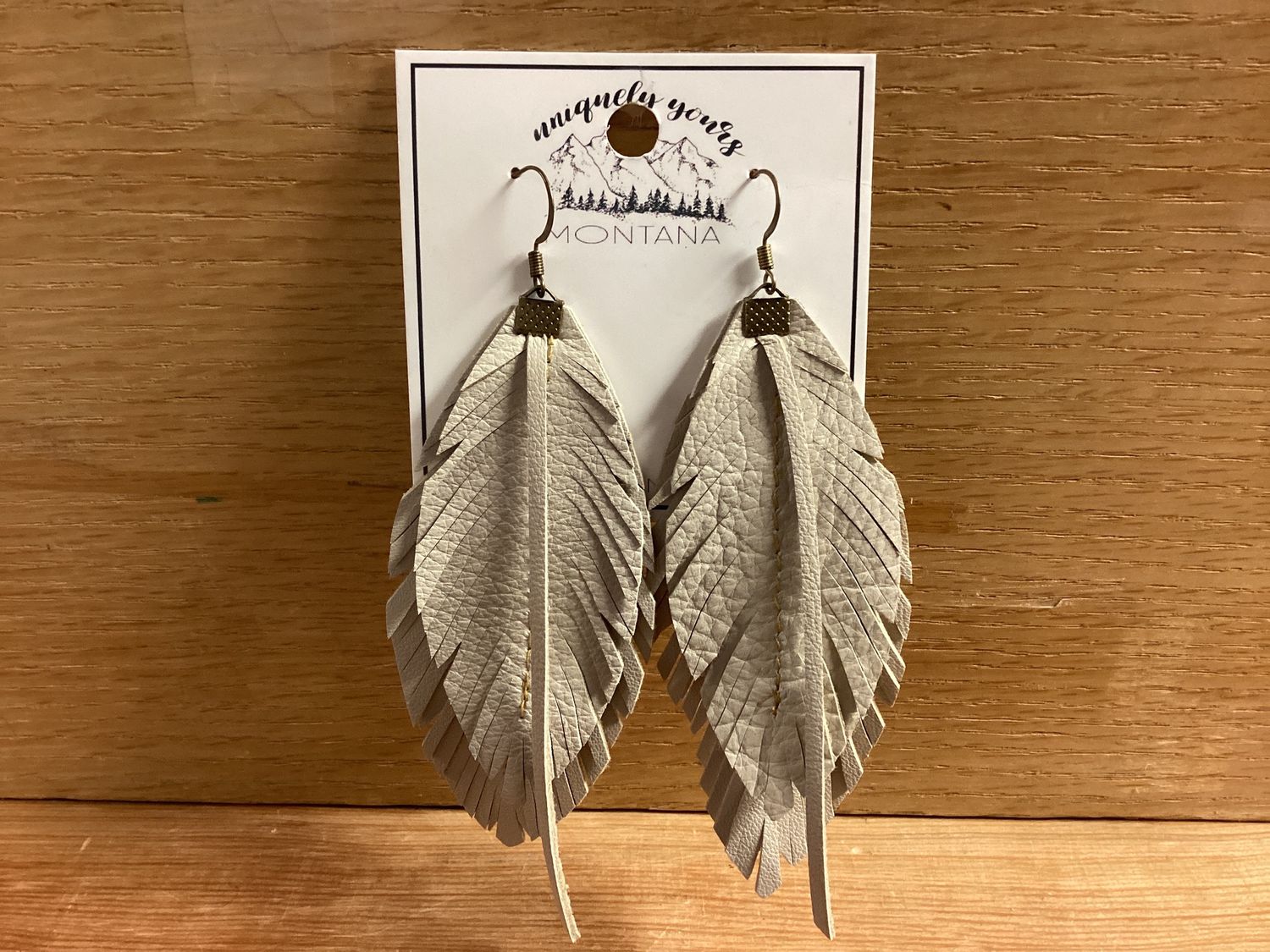Leather Feather Dangle Earrings White Large Double
