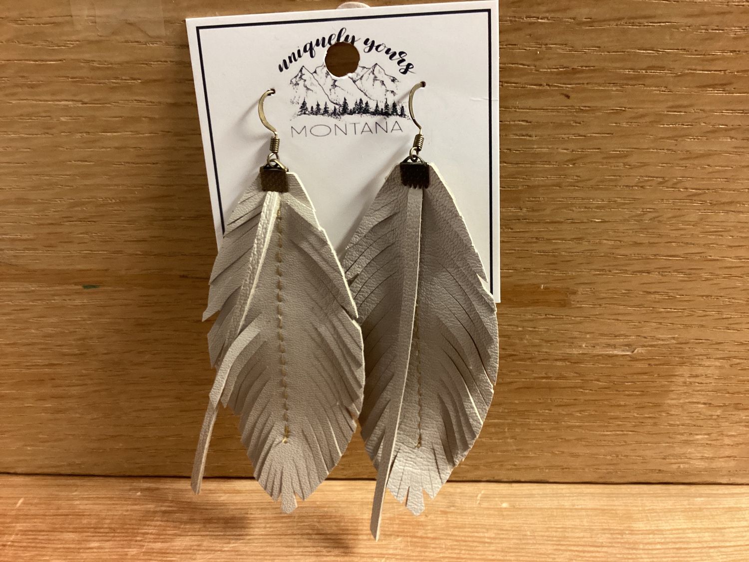 Leather Feather Dangle Earrings White Large Single