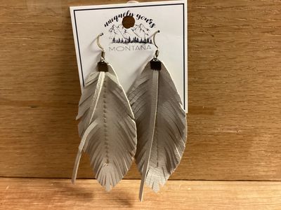 Leather Feather Dangle Earrings White Large Single