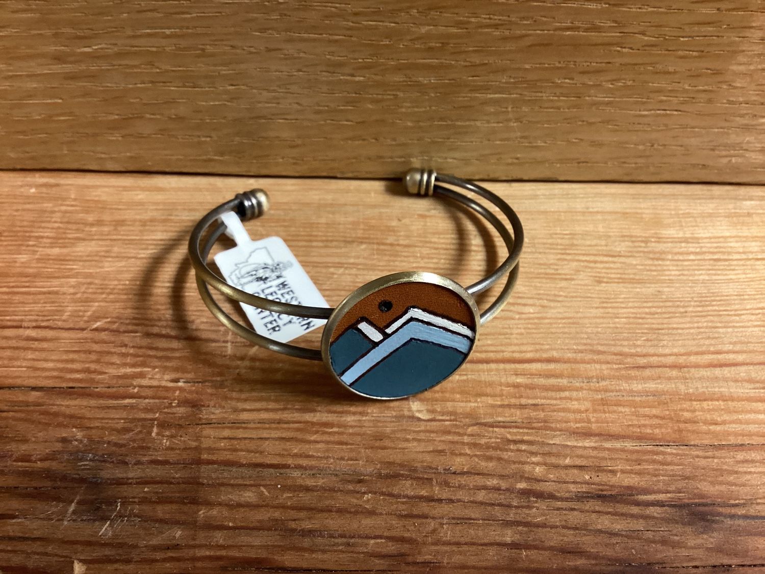 Leather Mountain Scene On Metal Cuff Brass