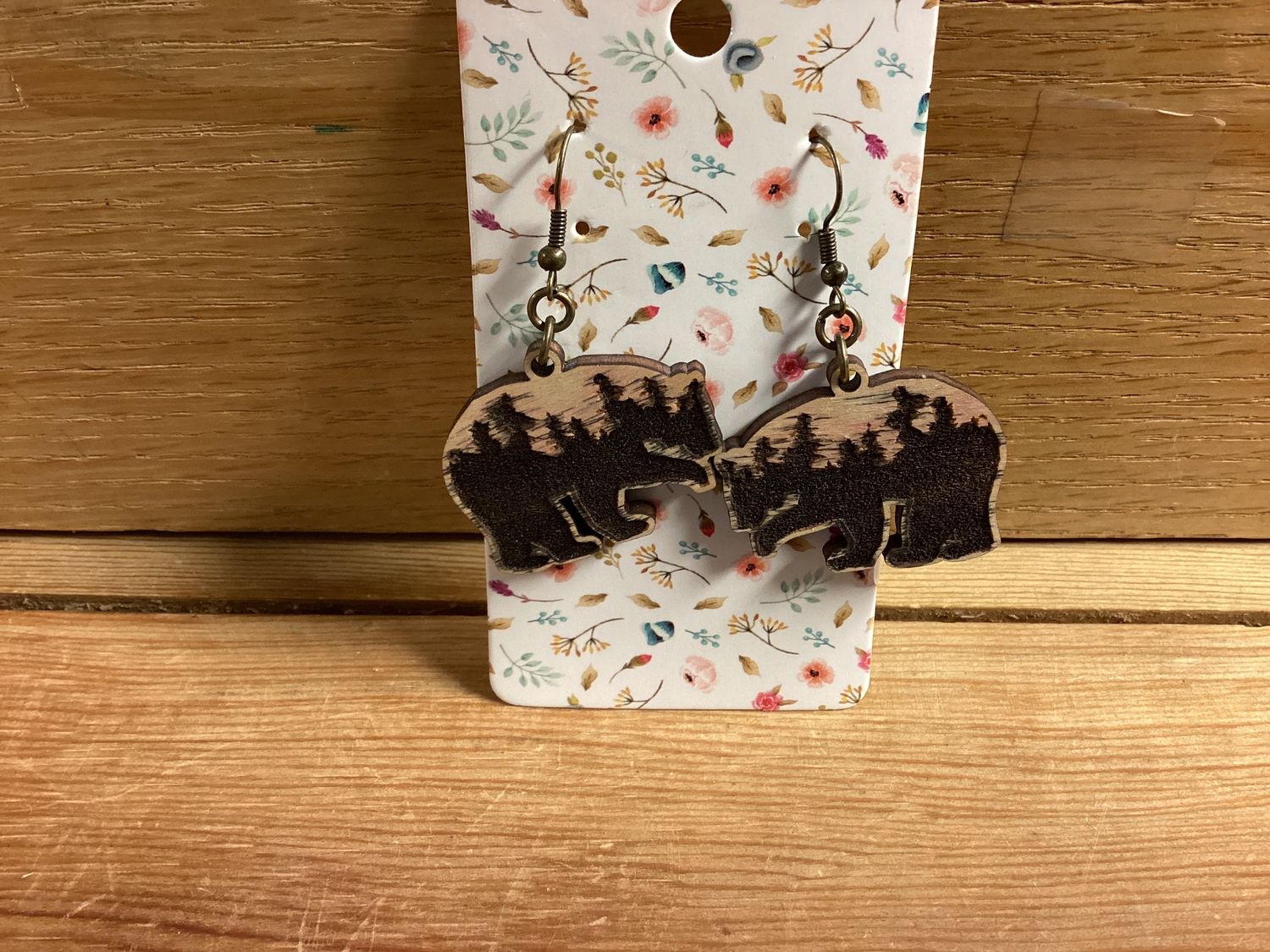 Wooden Bear Dangle Earrings Lt. Brown Bear w/ Yellows / Oranges