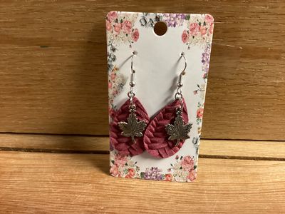 Genuine Leather Dangle Earrings Solid Magenta with leaves