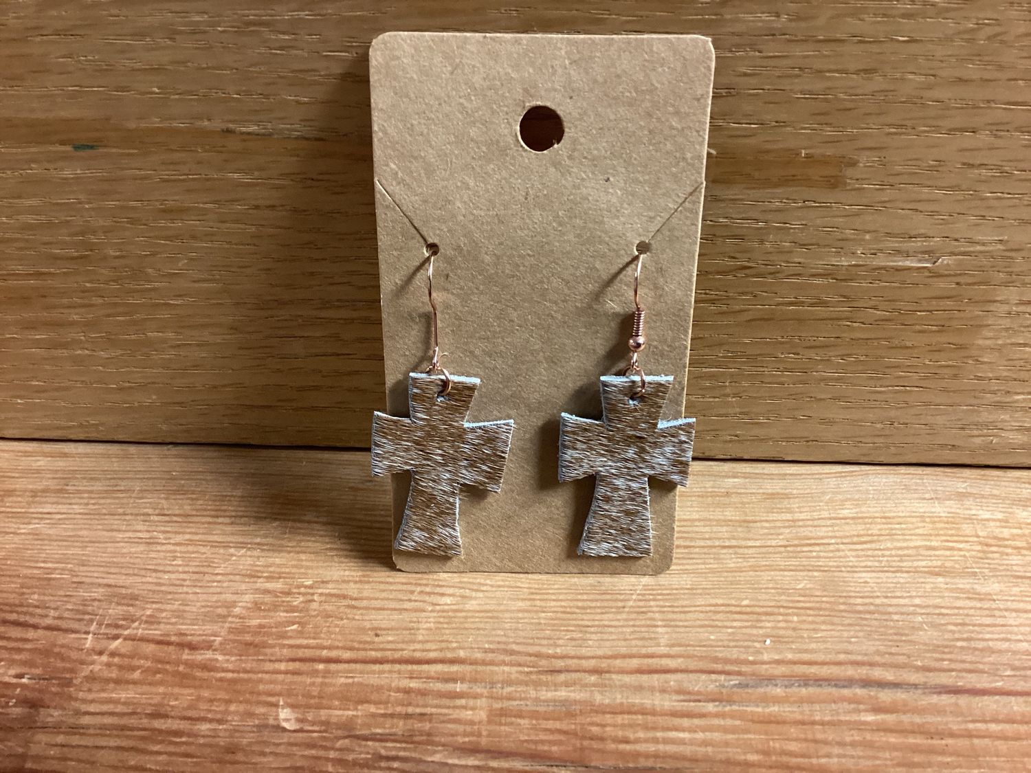 Cowhide Earrings Light Brown Cross