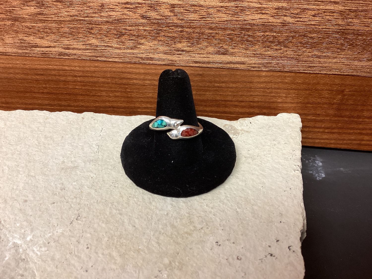 Turquoise/Red Coral Love Birds (SS925) Ring
