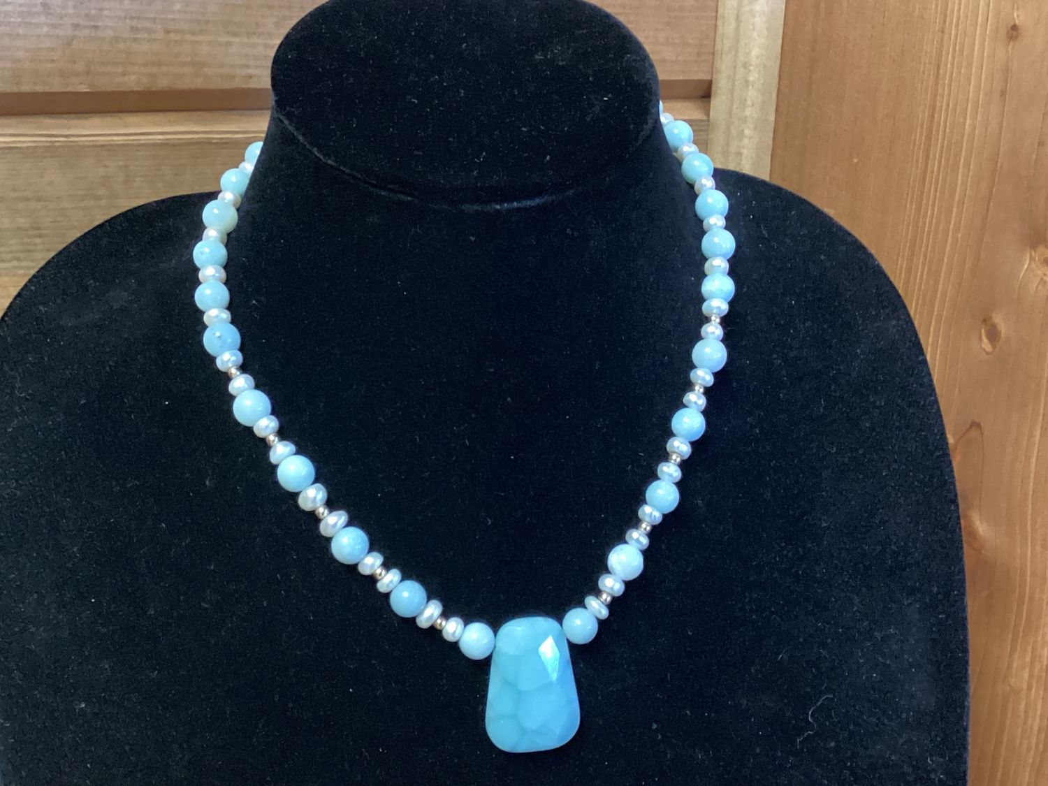 Blue Stone, Pearl and Gold Necklace