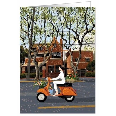 Postcard Woman Riding A Scooter