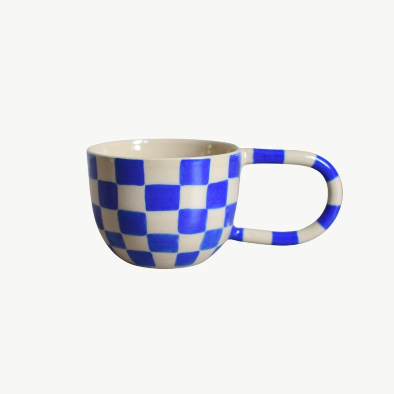 MARGRIET KERAMIEK Mok met oor blauw geblokt